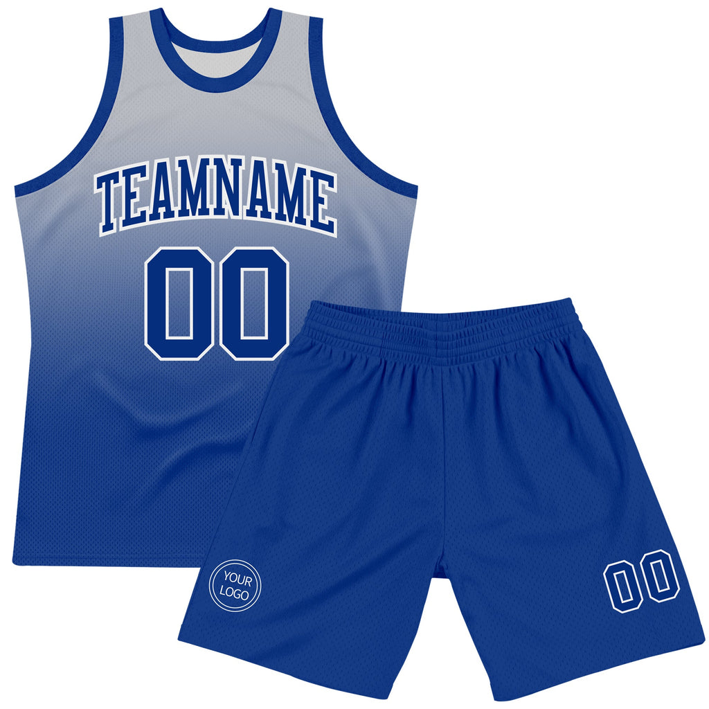 Custom Gray Royal-White Fade Fashion Round Neck Sublimation Basketball Suit Jersey