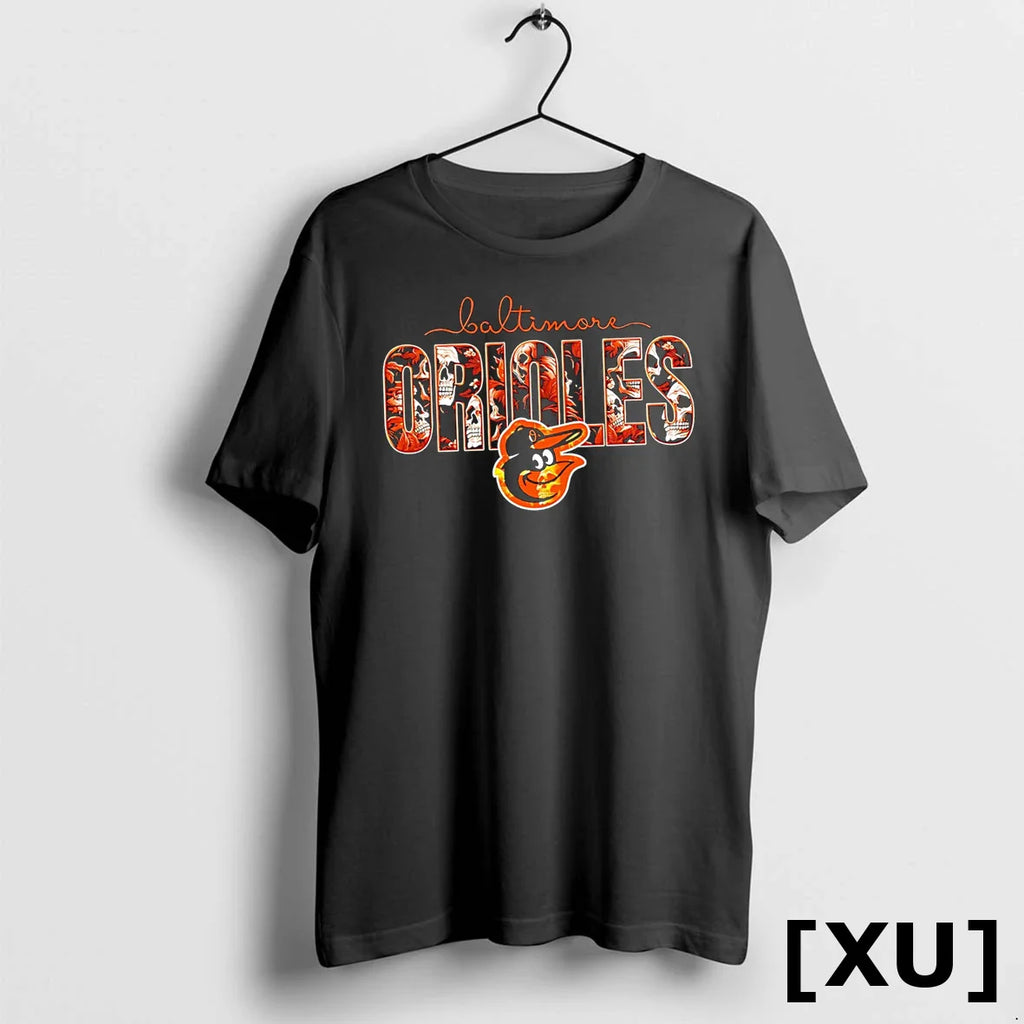 Baltimore Orioles Skulls Floral Graphic Baseball Tshirts Sweater