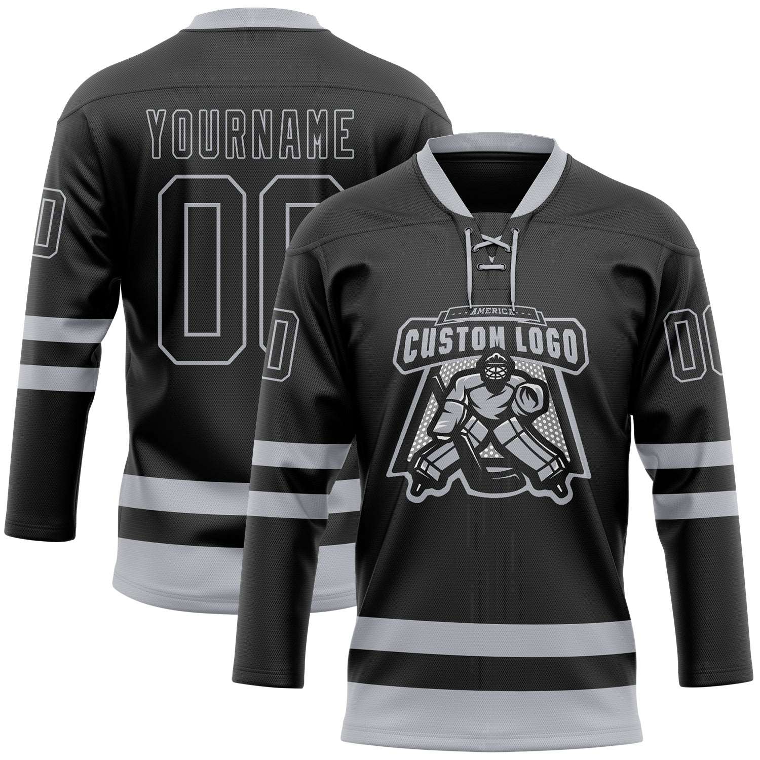 Custom Black Gray Hockey Lace Neck Jersey
