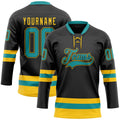 Custom Black Teal-Yellow Hockey Lace Neck Jersey