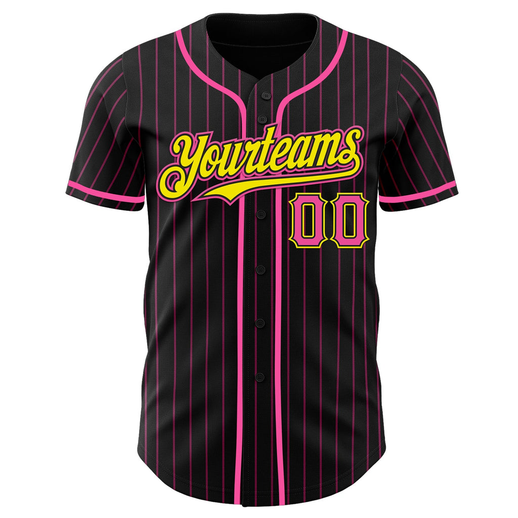 Custom Black Pink Pinstripe Light Yellow Authentic Baseball Jersey
