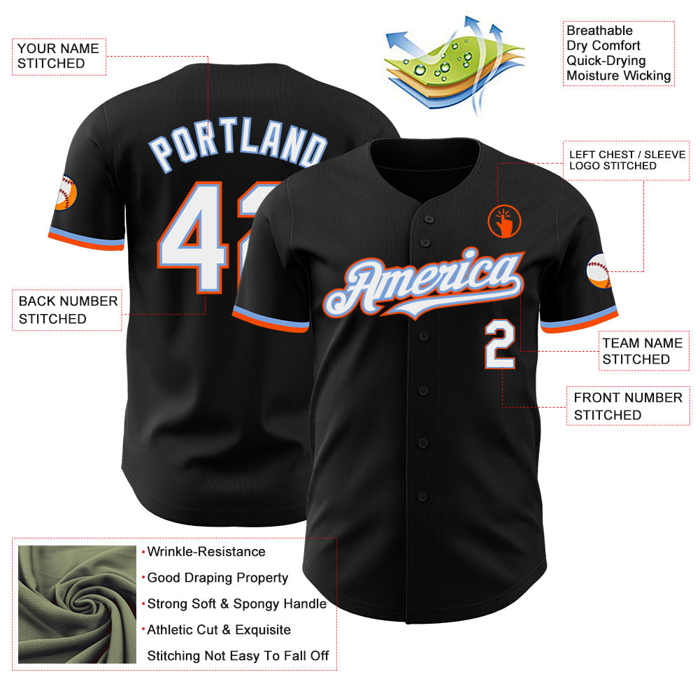 Custom Black White Powder Blue-Orange Authentic Baseball Jersey