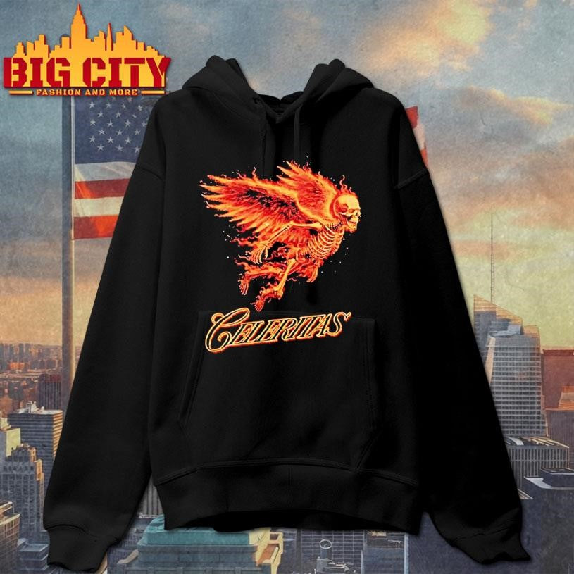 Celeritas Est 2026 Flaming Angel Skeleton Wings Speed Graphic Shirt