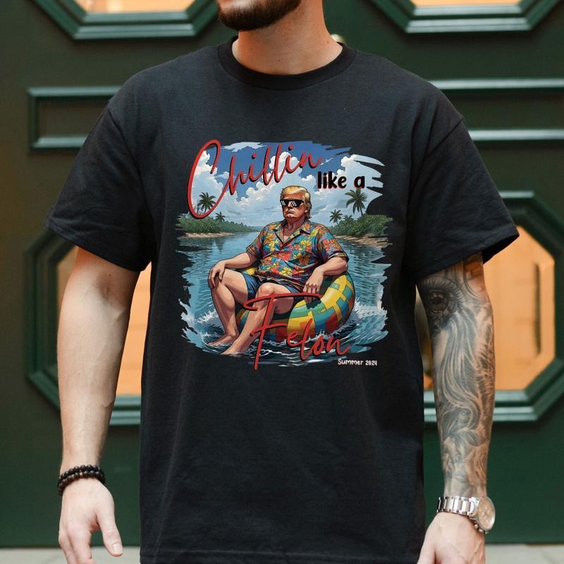 Chillin Like Felon Summer 2024 USA Patriotic Wanted President I'M Voting Felon Shirt Trummpp T-Shirts