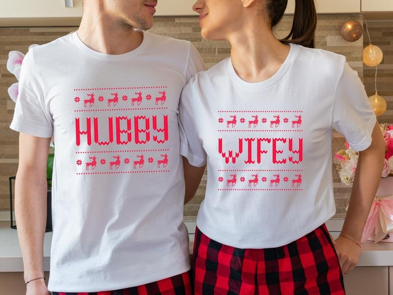 Couple Hubby Wifey Shirt Matching Newlywed Wedding Husband Wife Winter T-Shirts