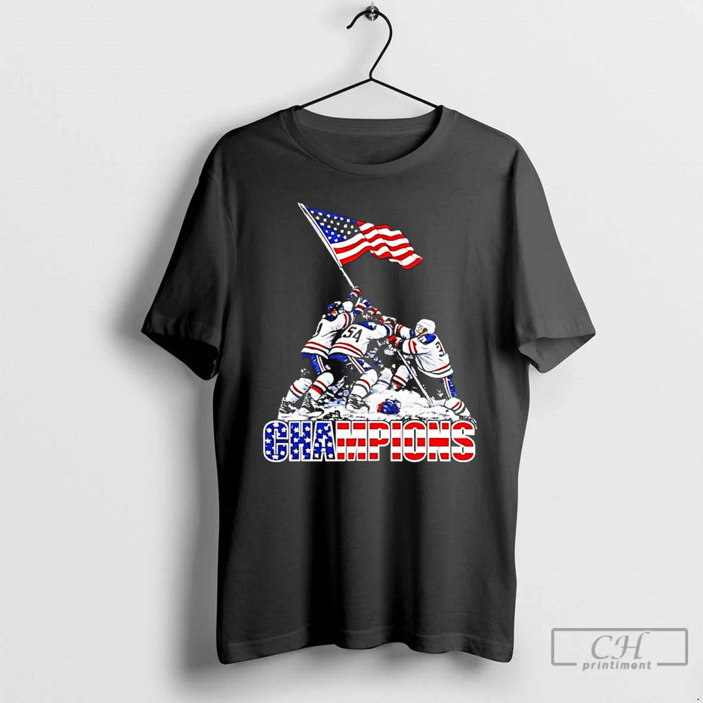 Classic Ice Hockey Champions 2026 Usa Players Raising Flag Graphic