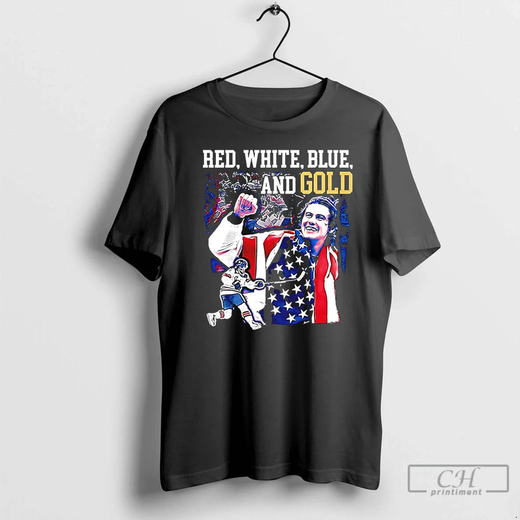 Classic Jack Hughes Red White Blue And Gold Usa Hockey 2026 Olympics Champions T Shirts