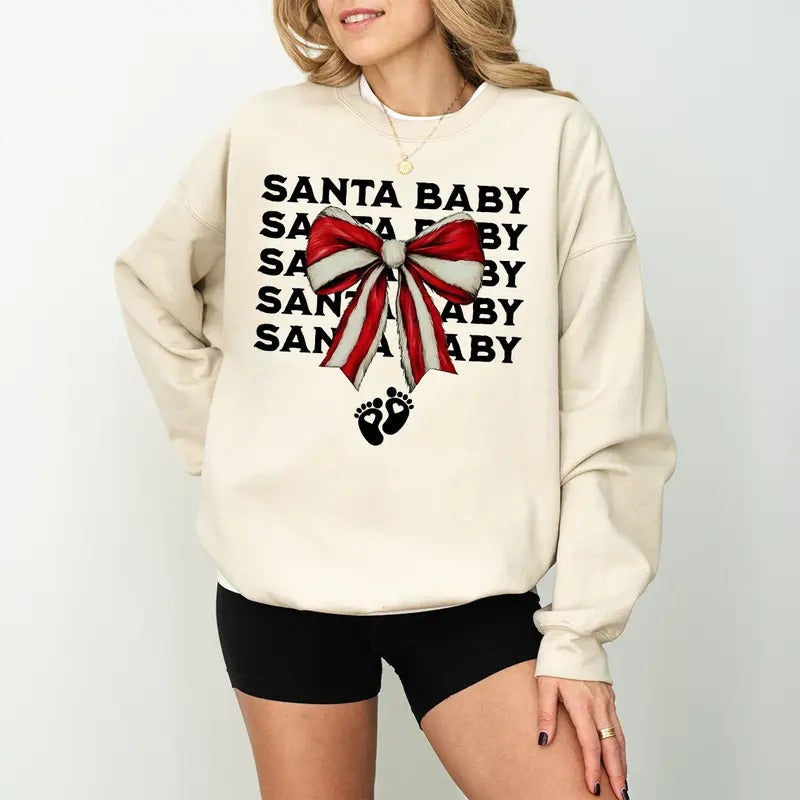 Coquette Santa Baby Pregnancy Announcement Coquette Bow Baby Reveal Maternity Expectant Mom Xmas T-Shirts