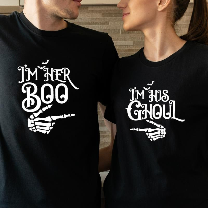 Couples Halloween I'M His Ghoul Shirt I'M Her Boo Matching Halloween Party Skeleton Hand Wife Husband T-Shirts
