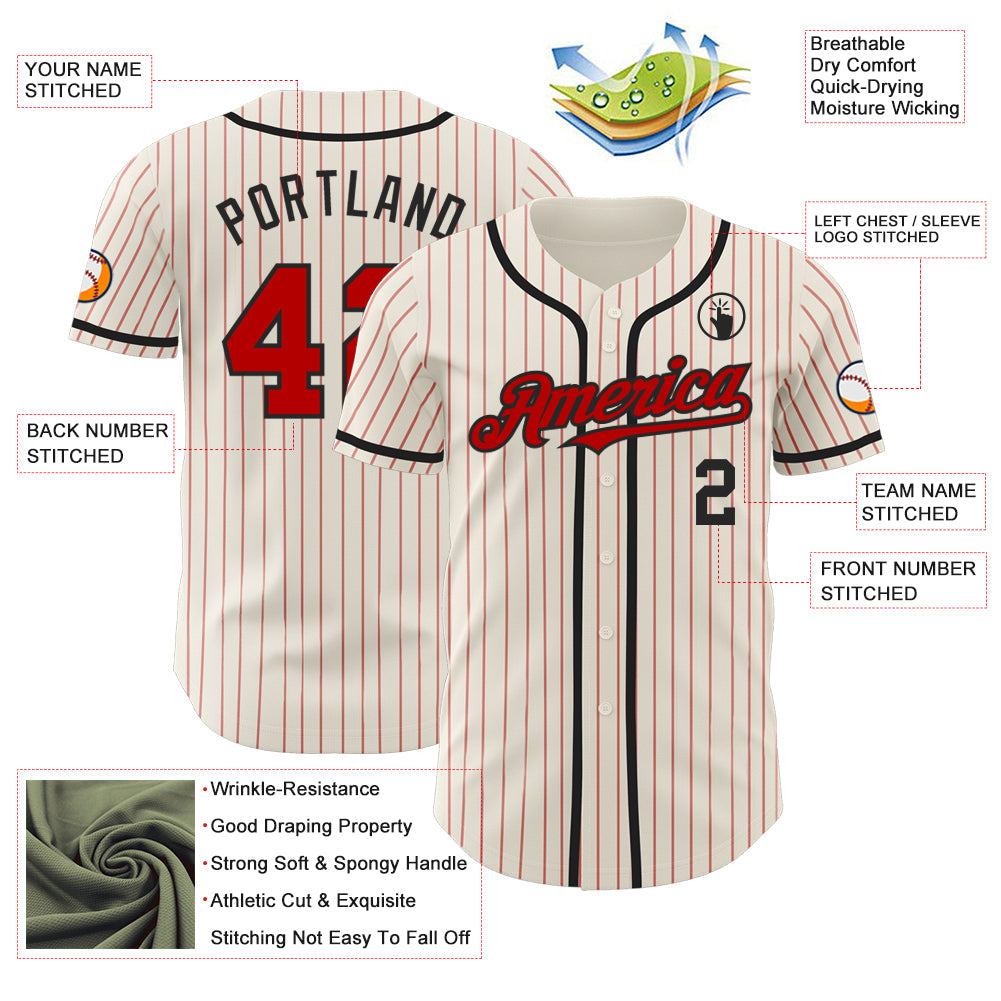 Custom Cream Red Pinstripe Black Authentic Baseball Jersey