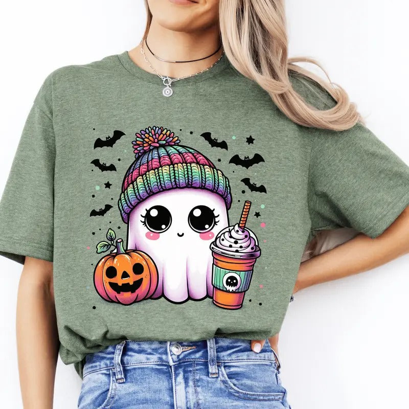 Cute Bougie Halloween Ghost Coffee. Casual Everyday Softstyle Halloween T-Shirts