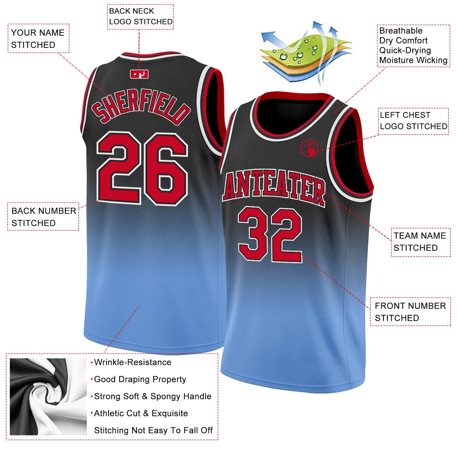 Custom Black Red-Light Blue Authentic Fade Fashion Basketball Jersey