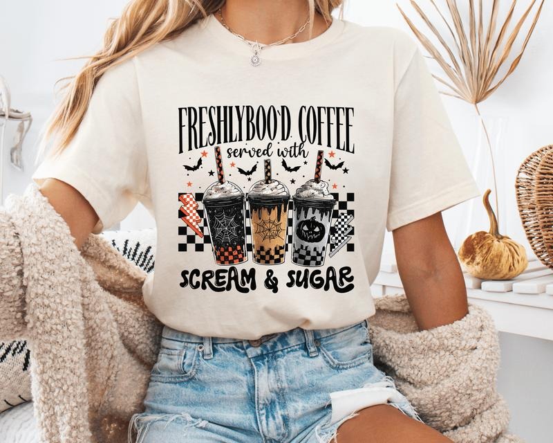 FreshlyBoo'D Coffee Halloween & Cotton "Scream & Sugar" Autumn T-Shirts