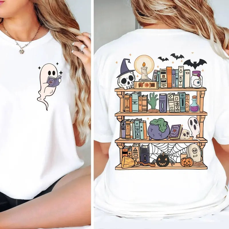 Gh0st Book Reader Two Sides Shirt Halloween Library Halloween Reading Skeleton Book Club Reading Girl Shirts Shirt Casual T-Shirts