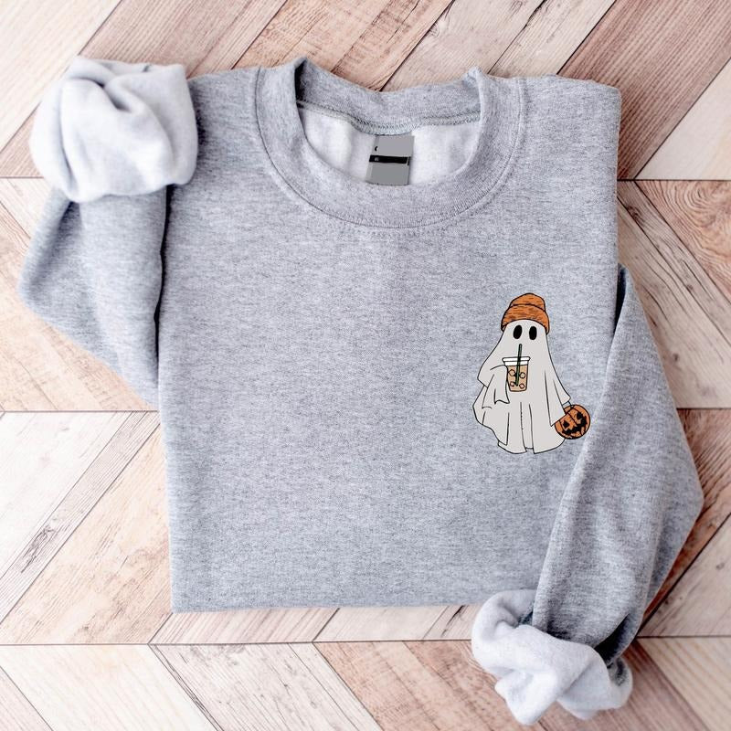 Ghost Drinking Coffee Cute Boo Pocket Size Shirt Ice Coffee Lover Spooky Season Pumpkin Pocket Size T-Shirts