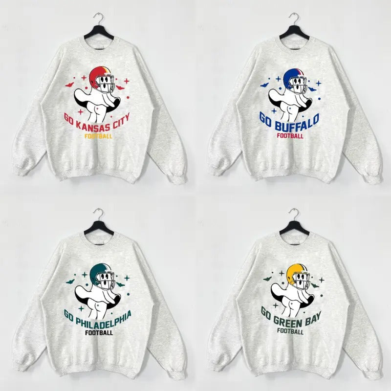 Go All Team Football Funny Ghost Vintage Football Team Cute Spooky Season Football Retro Shirt T-Shirts
