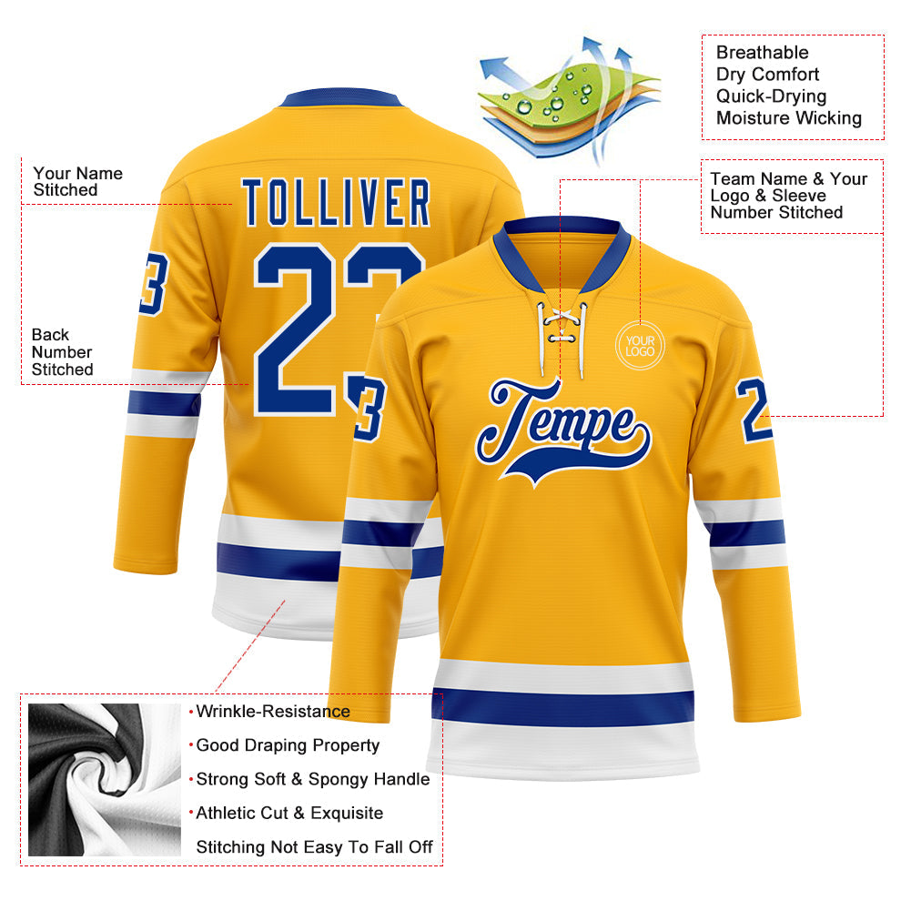 Custom Gold Royal-White Hockey Lace Neck Jersey
