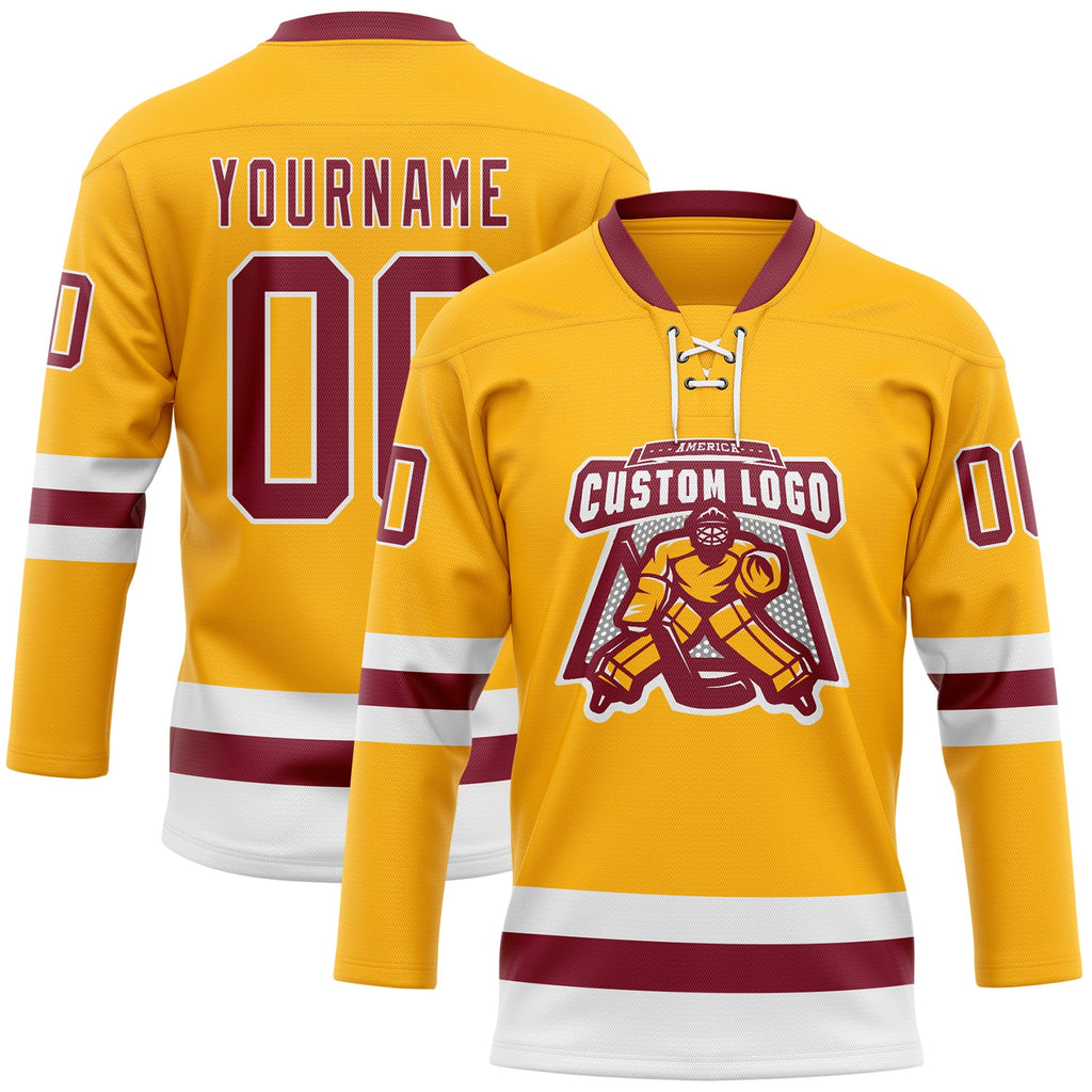 Custom Gold Crimson-White Hockey Lace Neck Jersey