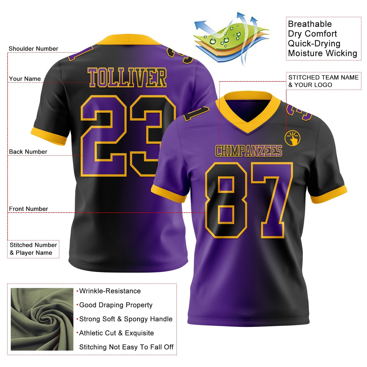 Custom Black Purple-Gold Authentic Gradient Fashion Football Jersey