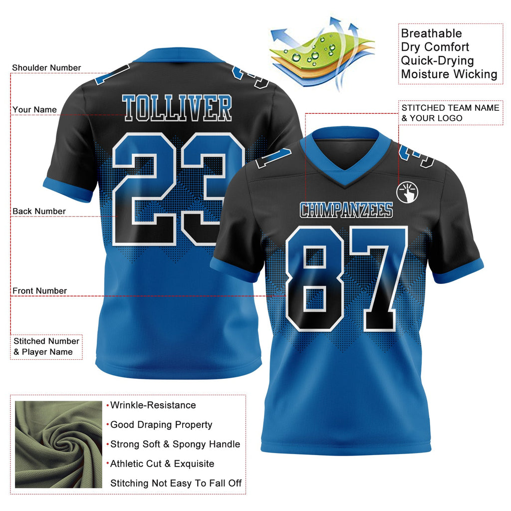 Custom Black Blue-White Authentic Gradient Square Shape Flag Football Jersey