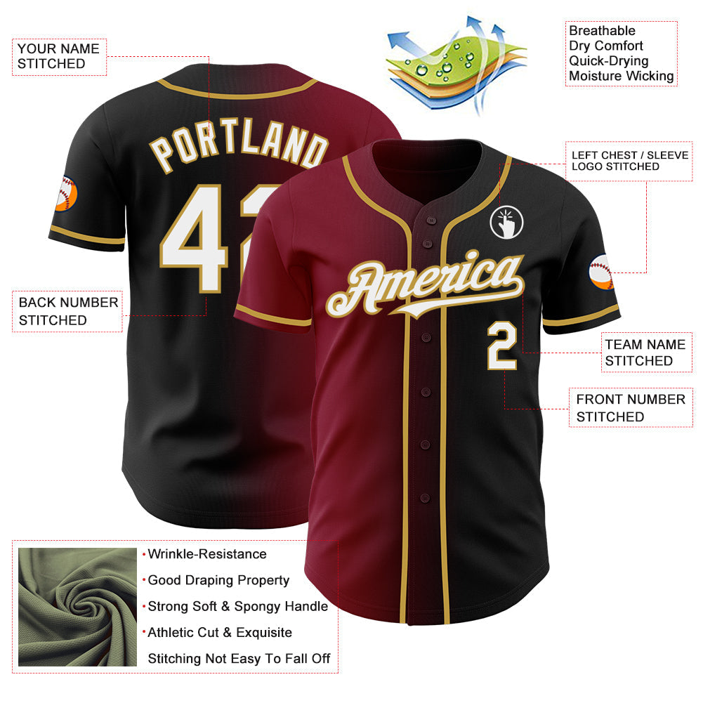 Custom Black White Crimson-Old Gold Authentic Gradient Fashion Baseball Jersey