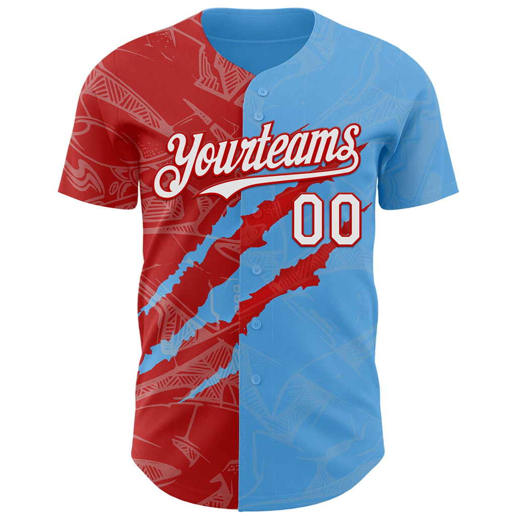 Custom Graffiti Pattern White Sky Blue-Red 3D Scratch Authentic Baseball Jersey