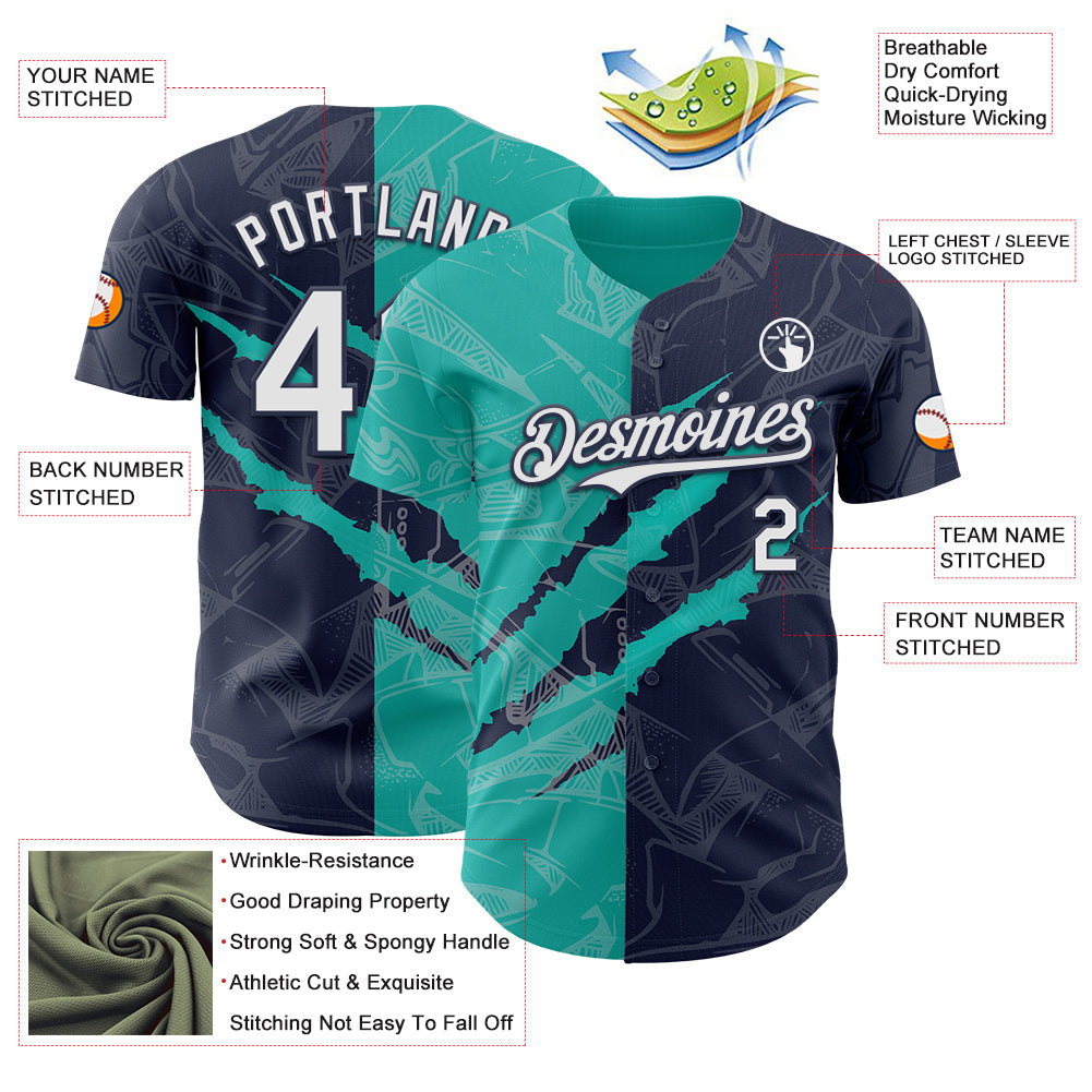 Custom Graffiti Pattern White Navy-Aqua 3D Scratch Authentic Baseball Jersey