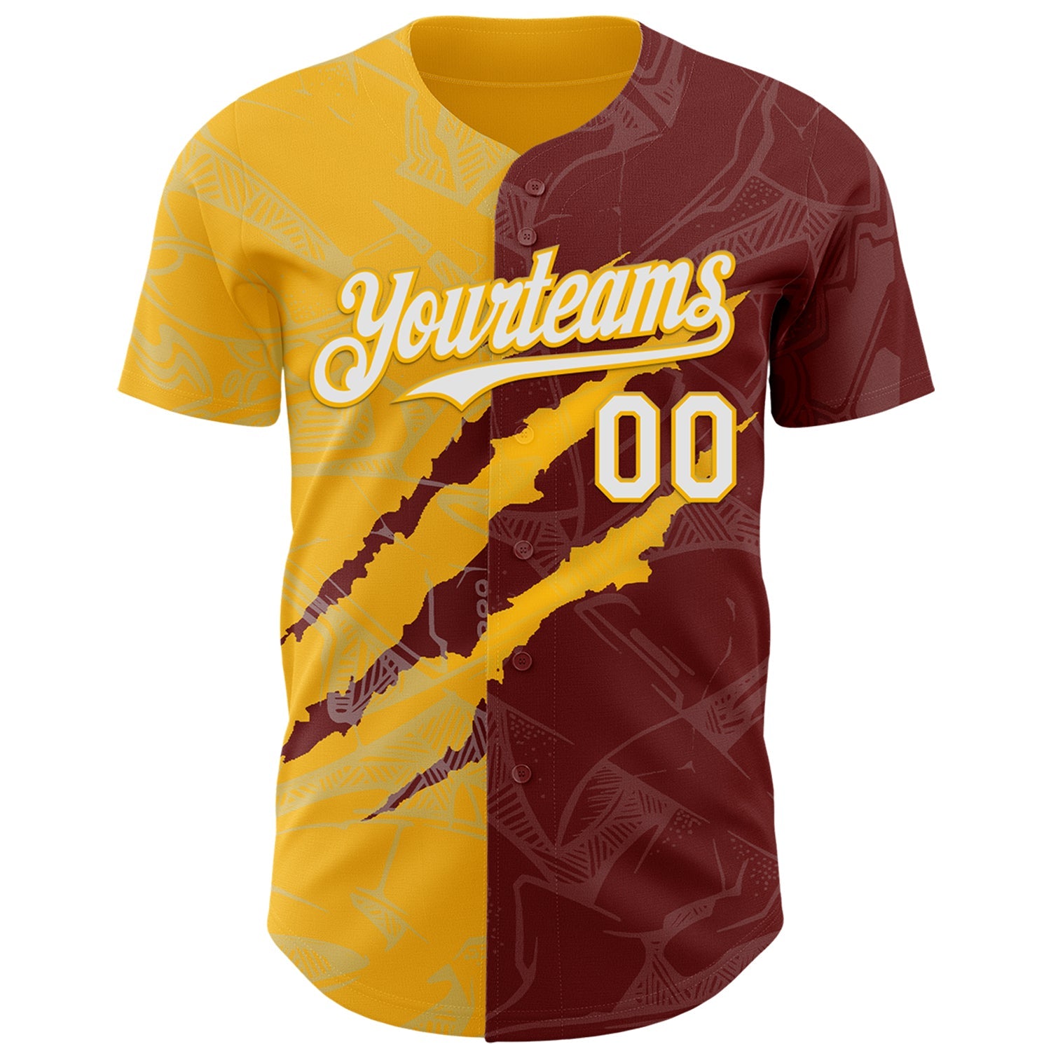 Custom Graffiti Pattern White Burgundy-Gold 3D Scratch Authentic Baseball Jersey