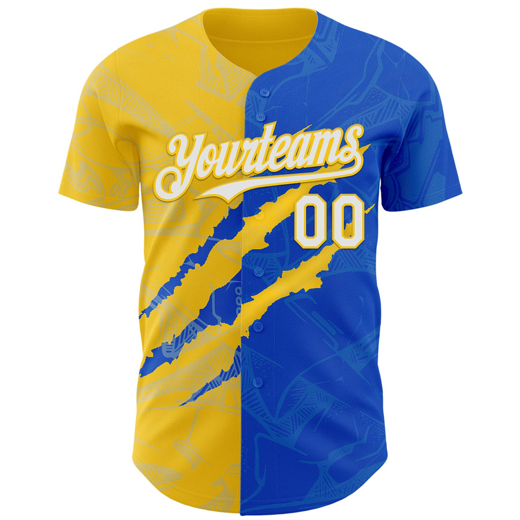 Custom Graffiti Pattern White Thunder Blue-Yellow 3D Scratch Authentic Baseball Jersey
