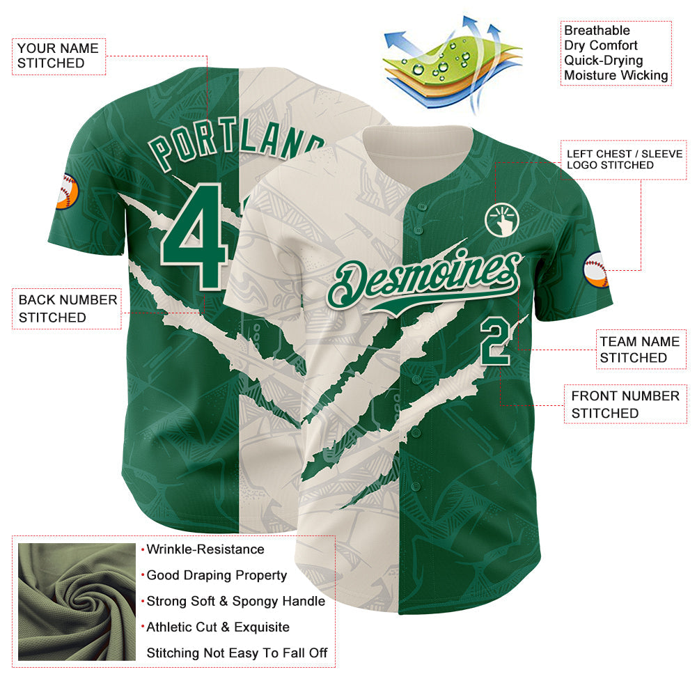 Custom Graffiti Pattern Kelly Green-Cream 3D Scratch Authentic Baseball Jersey