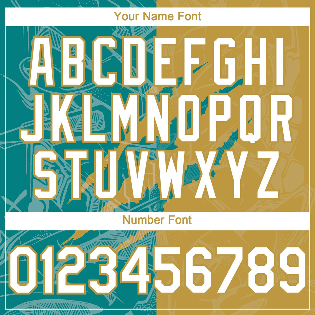 Custom Graffiti Pattern White Teal-Old Gold 3D Scratch Authentic Baseball Jersey