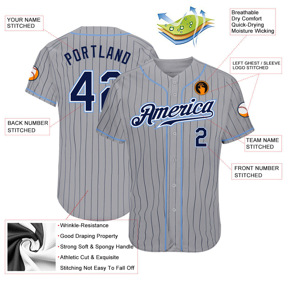 Custom Gray Navy Pinstripe Navy-Light Blue Authentic Baseball Jersey