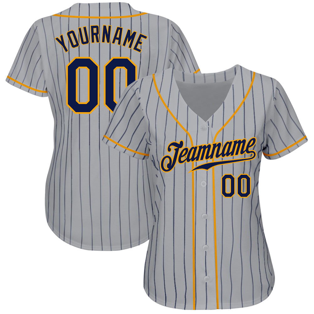 Custom Gray Navy Pinstripe Navy-Gold Authentic Baseball Jersey