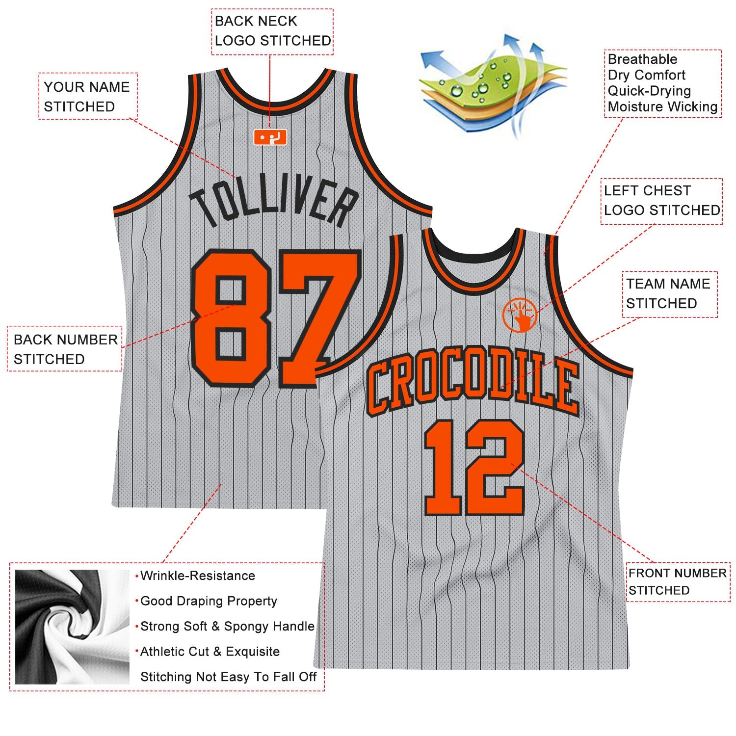 Custom Gray Black Pinstripe Orange Authentic Basketball Jersey