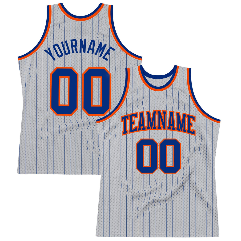 Custom Gray Royal Pinstripe Royal-Orange Authentic Basketball Jersey