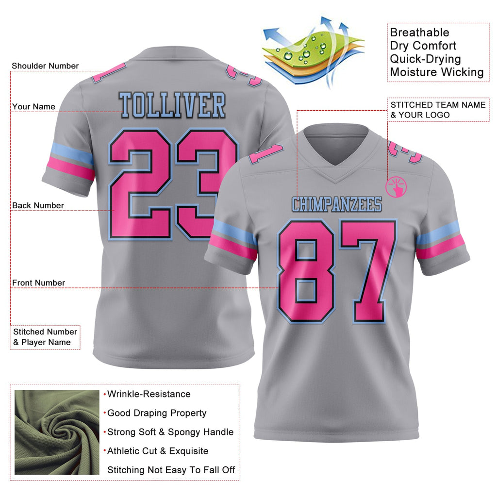 Custom Gray Pink Black-Light Blue Authentic Football Jersey