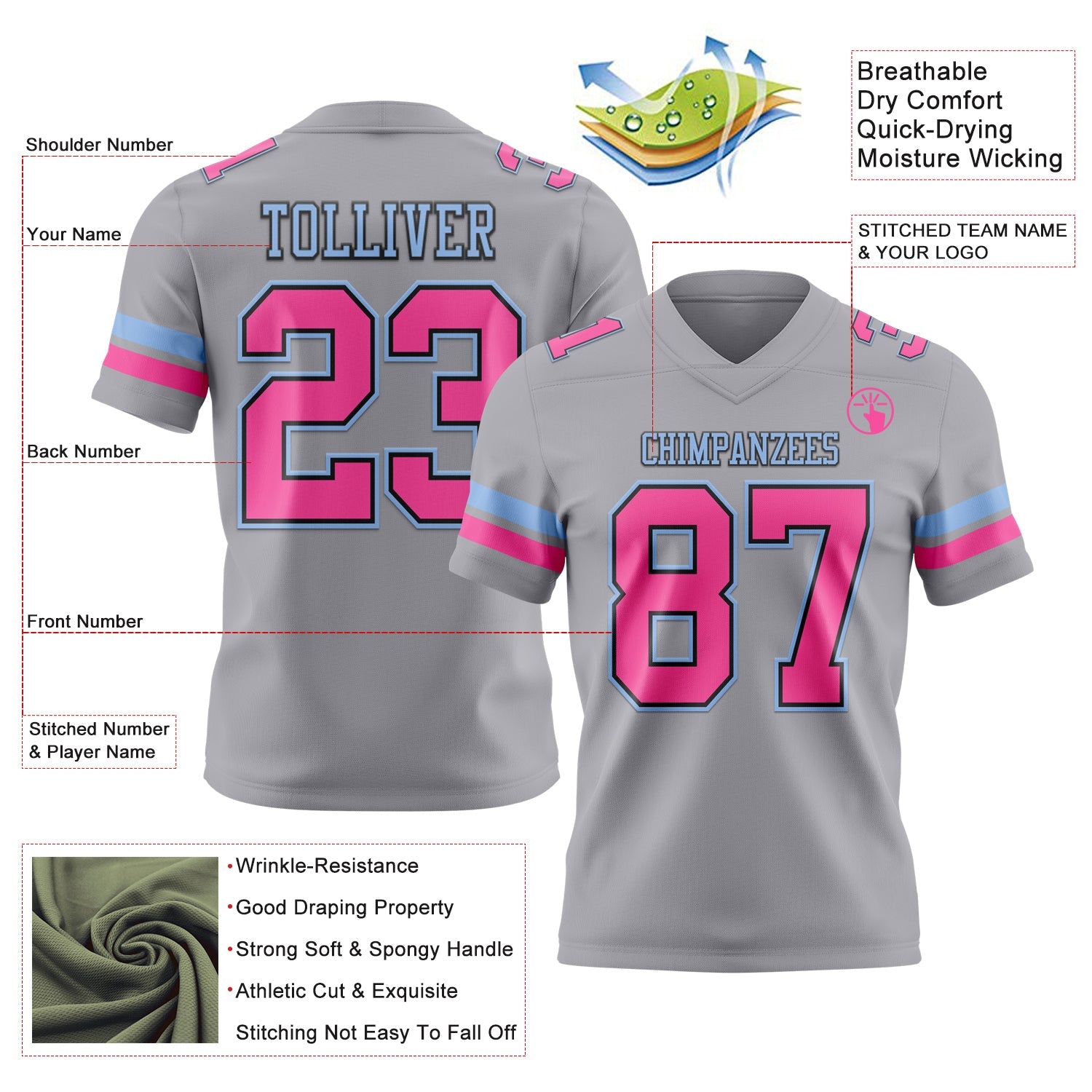 Custom Gray Pink Black-Light Blue Authentic Football Jersey