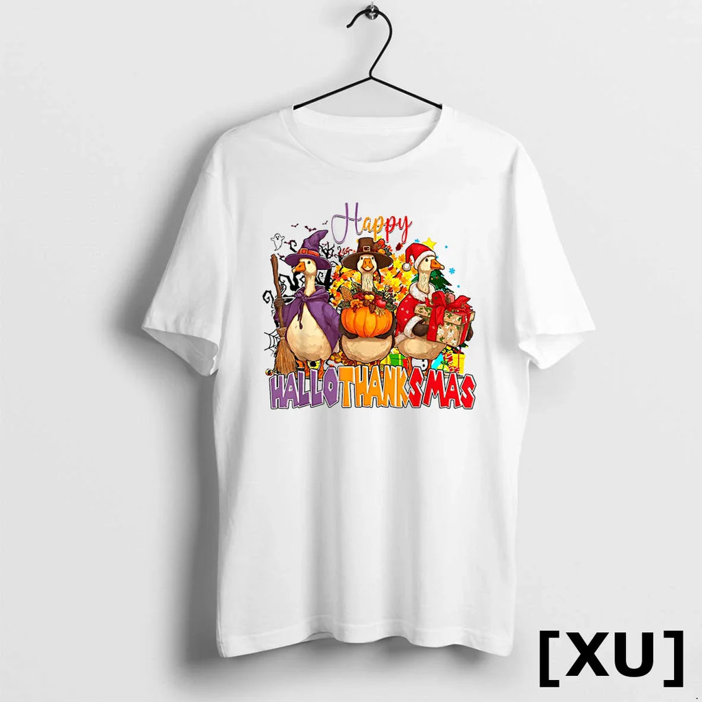 Happy Hallothanksmas Goose Halloween Thanksgiving Christmas Tshirts Sweater