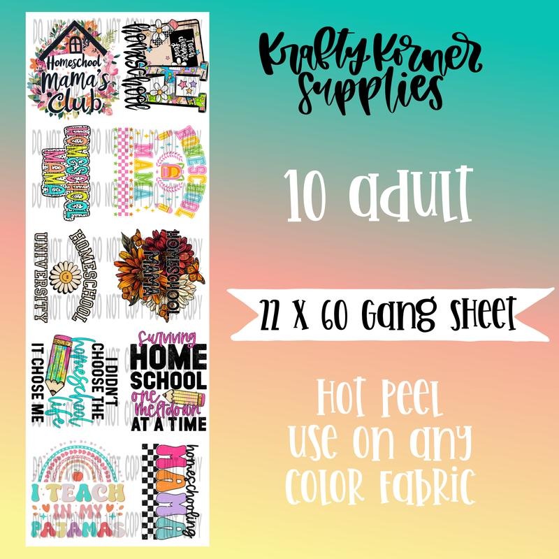 Homeschool DTF Transfer Gang Sheet 22 X 60 T-Shirts