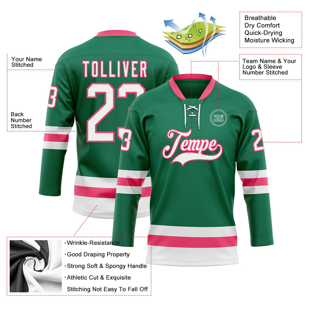 Custom Kelly Green White-Neon Pink Hockey Lace Neck Jersey
