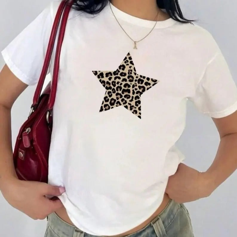 Leopard Print Star Baby Animal Print Babytee Y2k Collar Cotton T-Shirts