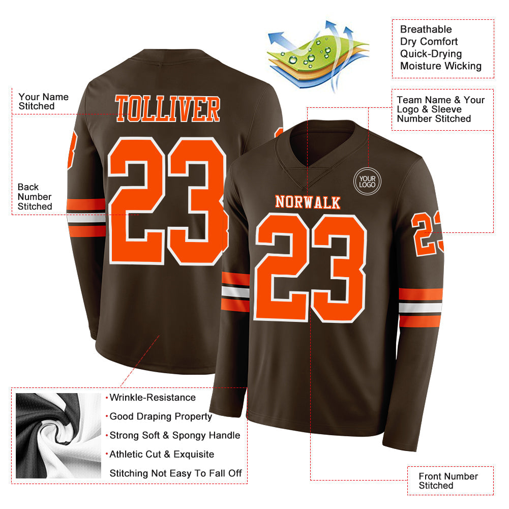 Custom Brwon Orange-White Long Sleeve Authentic Football Jersey