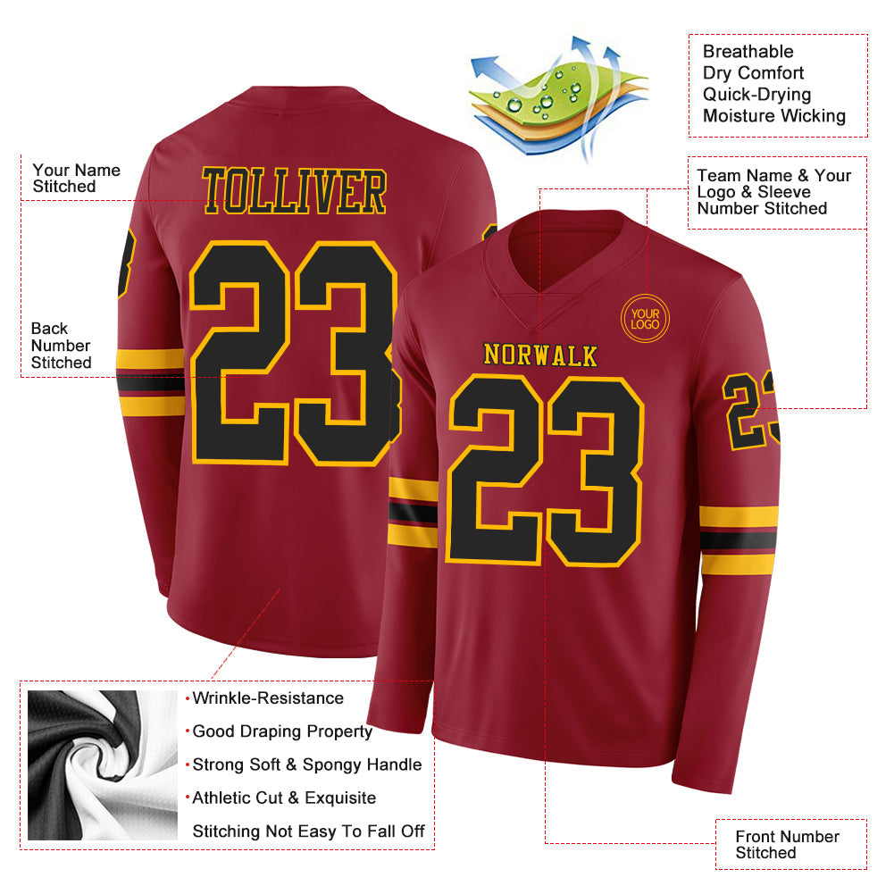 Custom Cardinal Black-Gold Long Sleeve Authentic Football Jersey