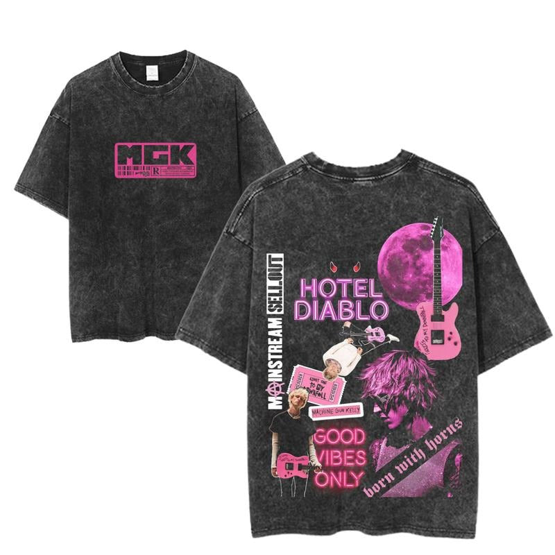 MGK Hotel Diablo Machine Gun Kelly Born Horns Shirt Vintage Rock Pink Grunge Music Concert Streetwear T-Shirts