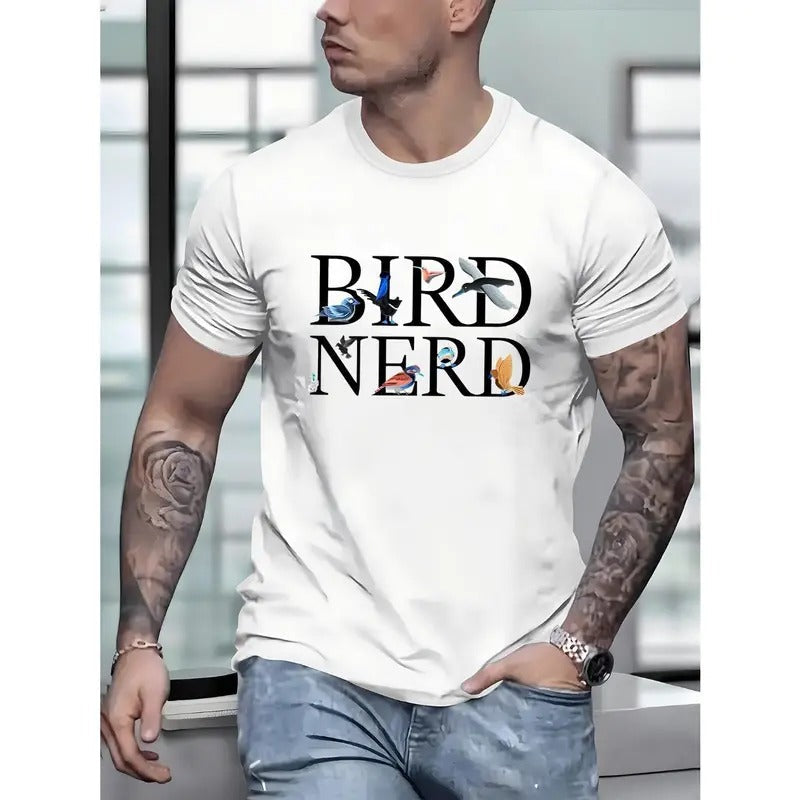 Creative Bird Print Short Sleeve Crew Neck Summer Casual Outdoor Comfy Male Made USA T-Shirts