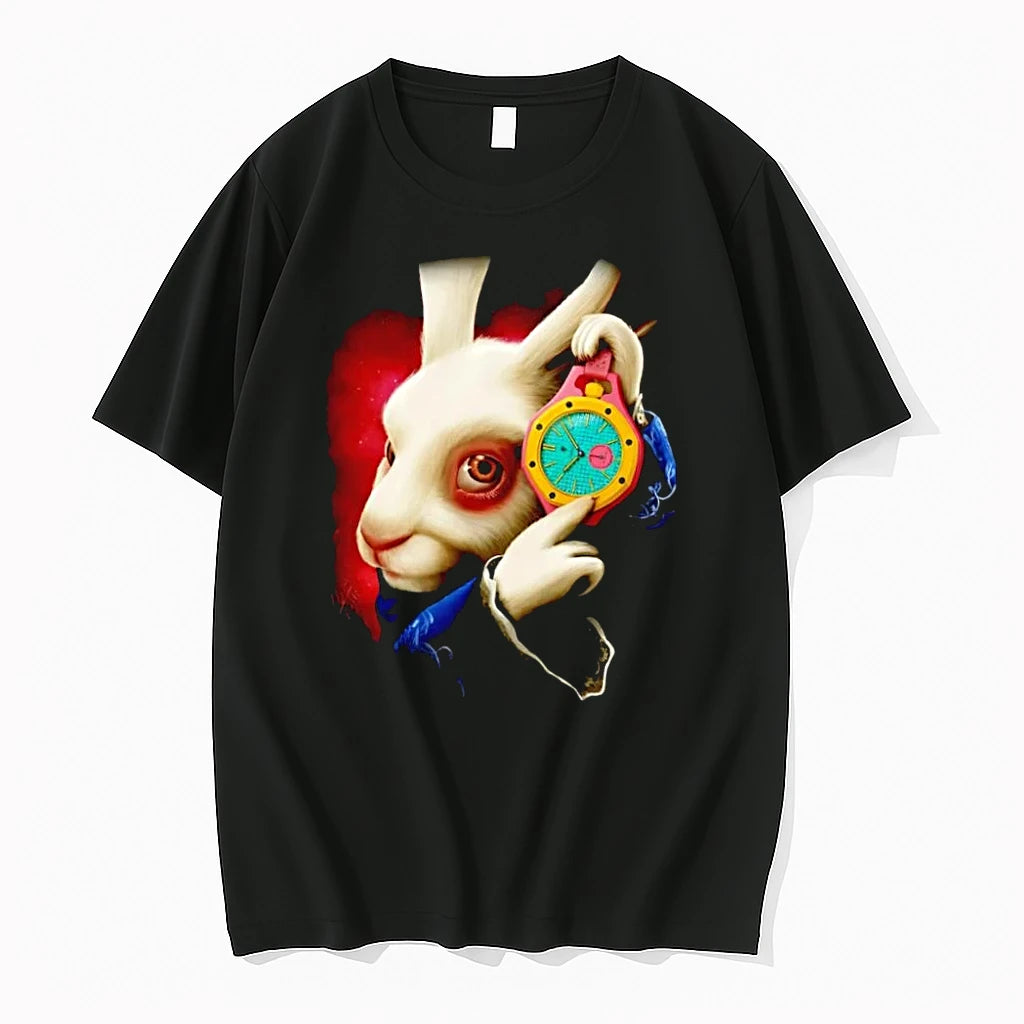Officials Alice In Wonderland White Rabbit With Colorful Pocket Watch Black T Shirt Sweater