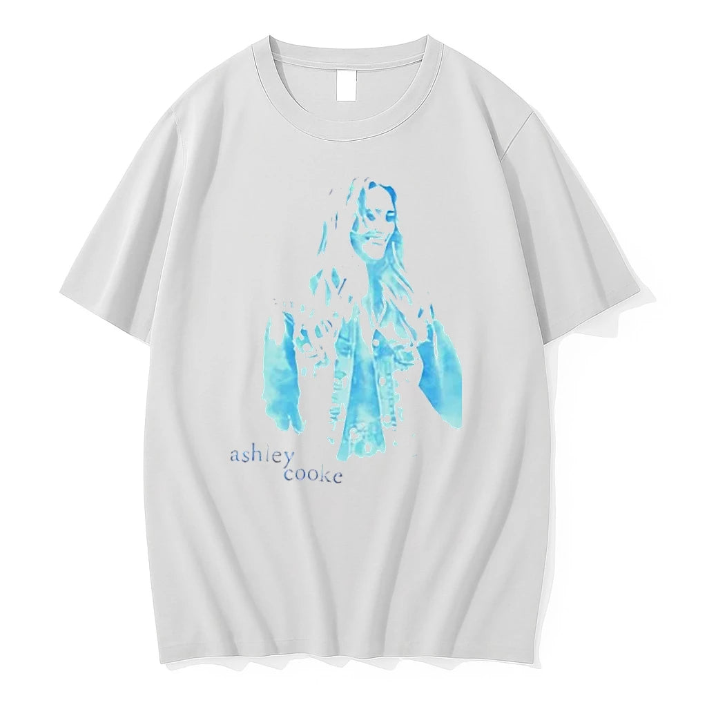 Officials Ashley Cooke Smiling Woman Denim Jacket Cyan Watercolor Portrait White Womens T Shirt Sweater