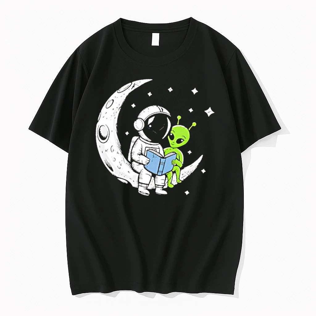 Officials Cartoon Astronaut Green Alien Crescent Moon Reading Blue Book Stars Mens T Shirt Sweater