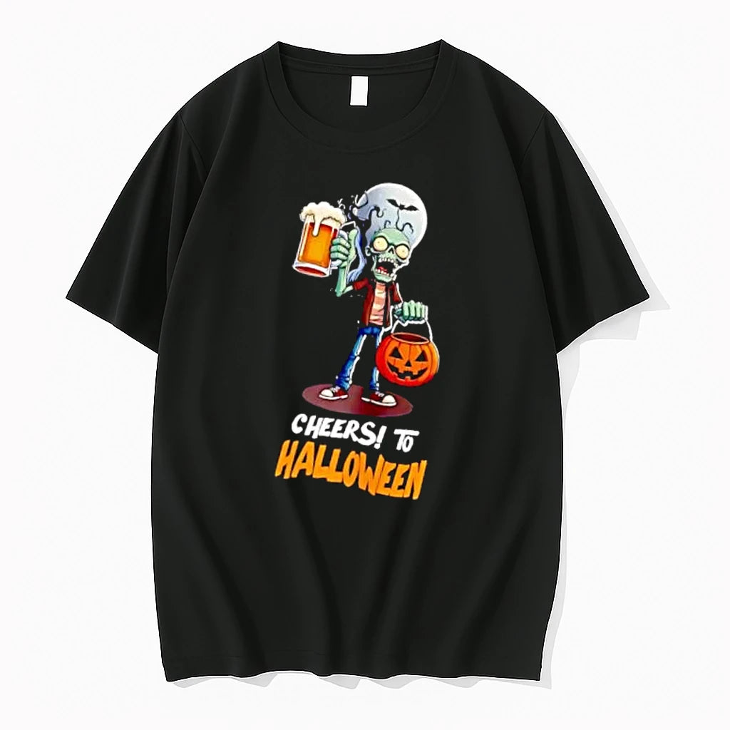 Officials Cheers To Halloween Cartoon Zombie Holding Beer Pumpkin Basket Mens T Shirt Sweater