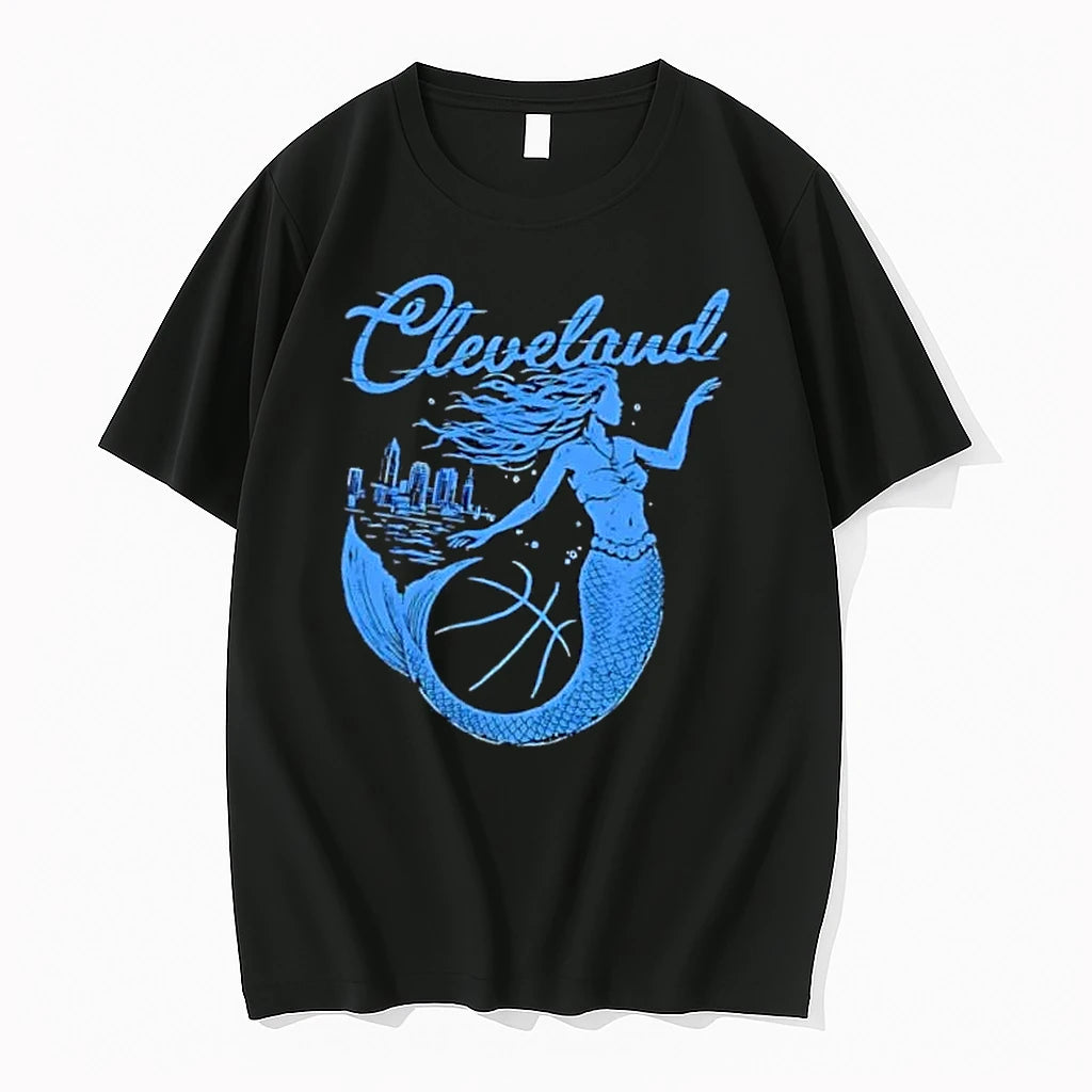 Officials Cleveland Distressed Blue Mermaid Basketball City Skyline Line Art Mens Premium T Shirt